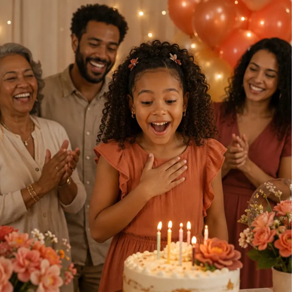 Criança emocionada durante uma festa de aniversário em família