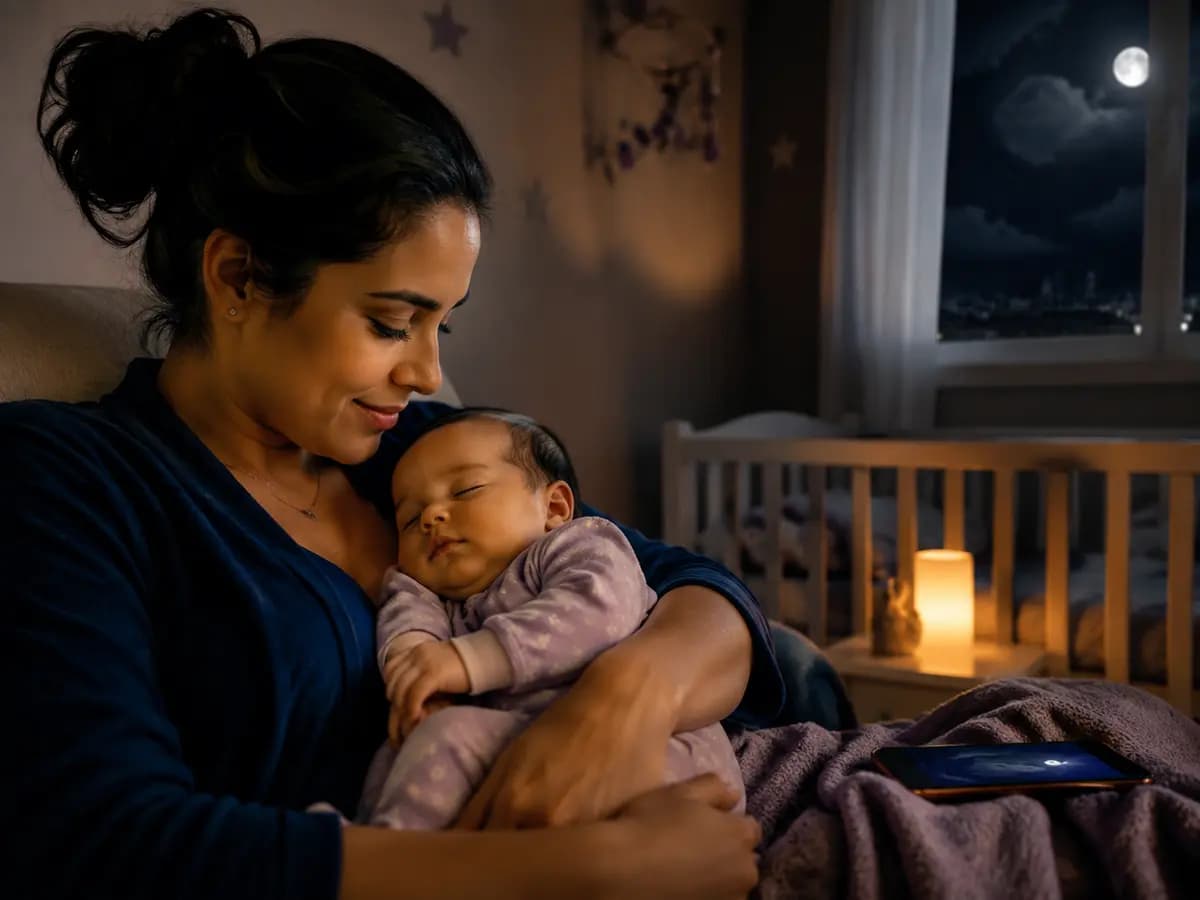 Mãe segurando seu bebê adormecido em um quarto tranquilo