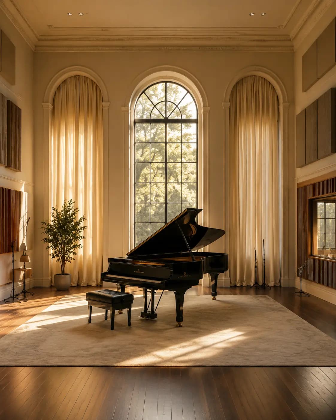 Piano de cauda em um estúdio musical iluminado