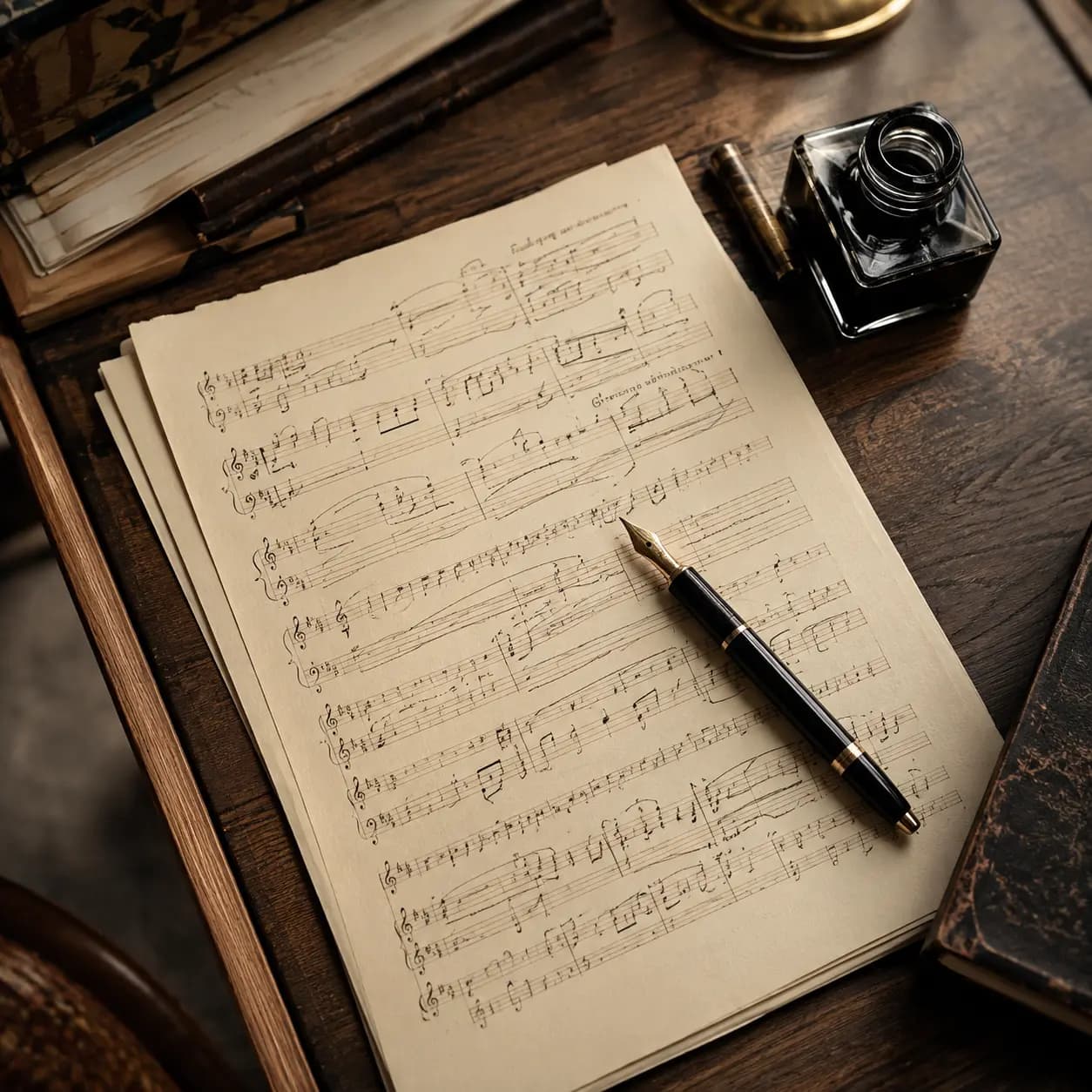 Partitura escrita à mão ao lado de uma caneta-tinteiro